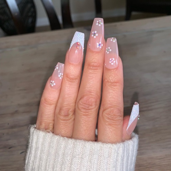 Floral Glitter French With Crystals Luxury Press On Nails - Picture 3 of 4
